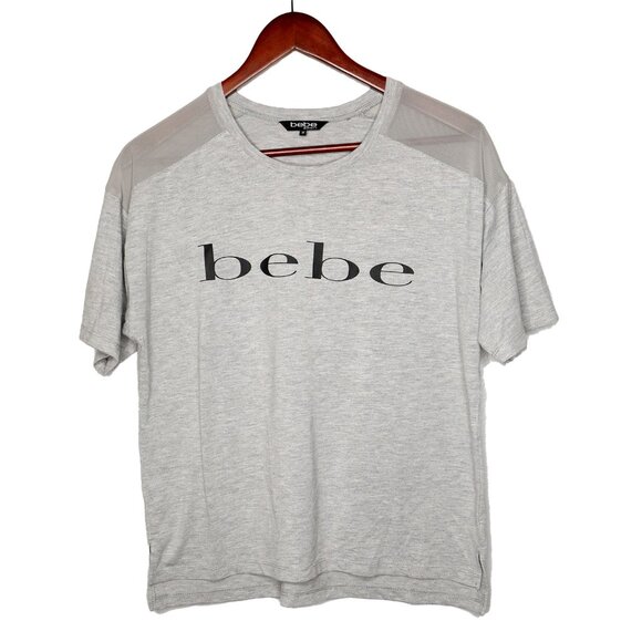 Bebe Sport Logo Boxy T-Shirt Mesh Shoulder Stretch Top Retro Grey Black Casual - Picture 3 of 9